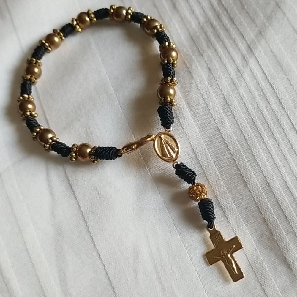 Gold Black Glass Bead Cross Crucifix Bracelet